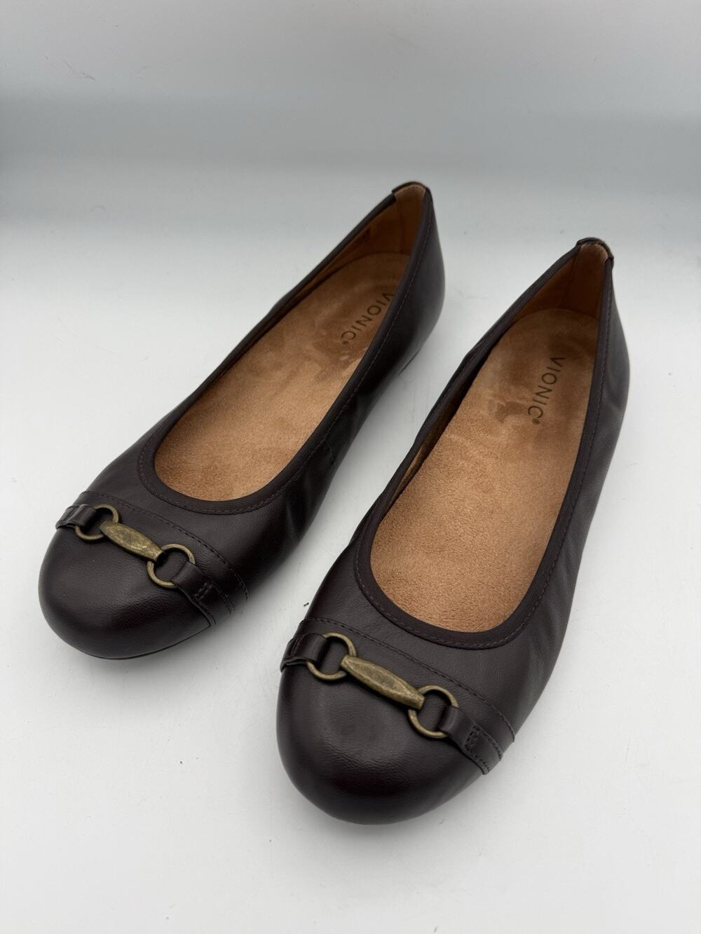 Vionic Leather Cap-Toe Flats Delanie Chocolate 9.5 EUC